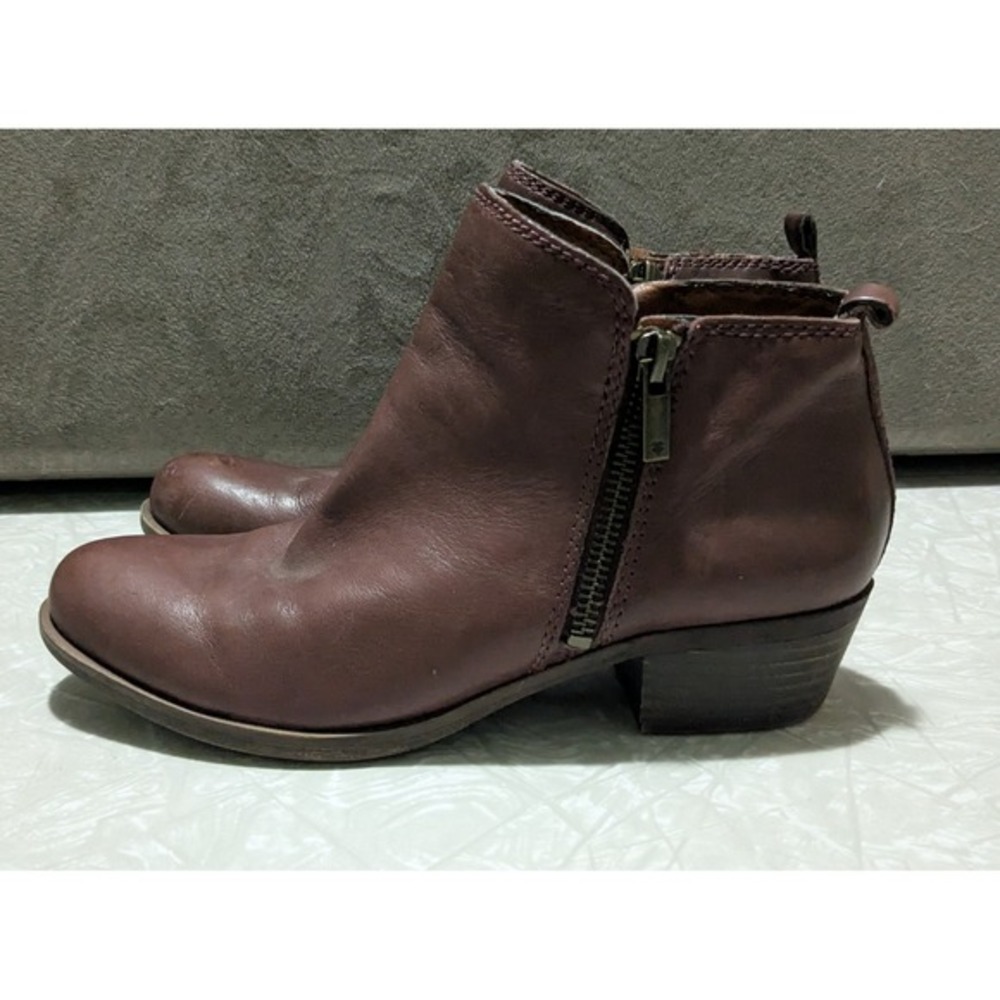 Lucky Brand Basel Mahogany Brown Leather Ankle Booties Womens 7M Side Zip Heel